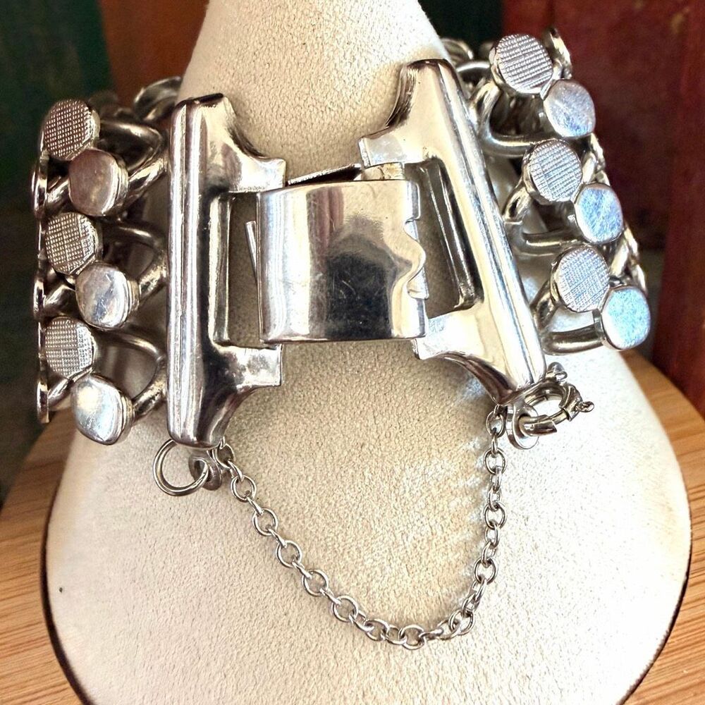 Vintage Silver-Tone Wide Panel Link Bracelet - Picture 3 of 7